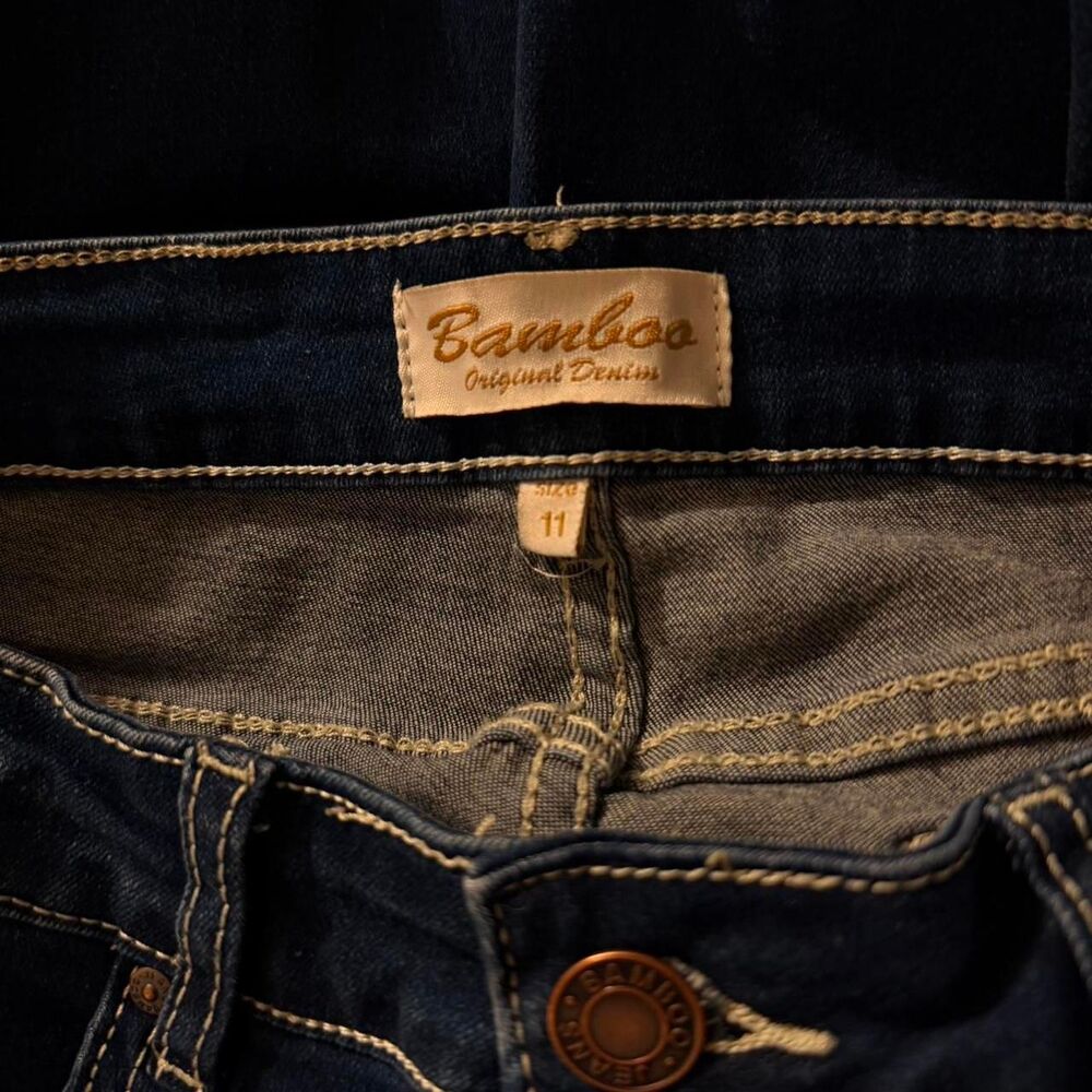 Bamboo Womens mid rise blue dark wash bootcut jeans with cross embroidery stitch - Picture 4 of 4